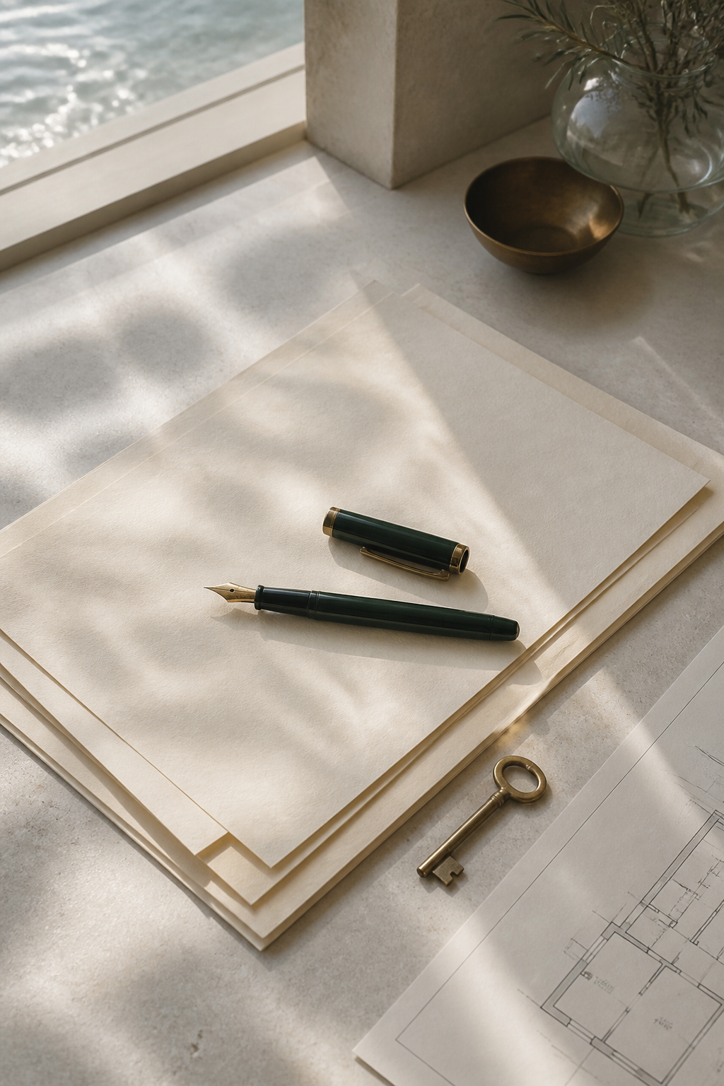 Legal papers, a fountain pen and a property key arranged in soft coastal light